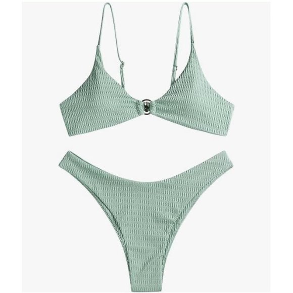Mint Green MEDIUM Women's Ribbed O-Ring Bikini Two Piece Swimsuit - Picture 1 of 2